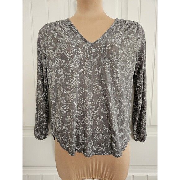 Lucky Brand Long Sleeve V Neck Top Gray Boho Peasant Nwt M - Picture 1 of 10